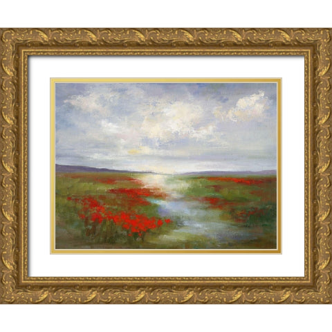 Red Poppy Field Gold Ornate Wood Framed Art Print with Double Matting by Finch, Sheila