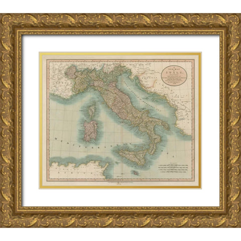 Vintage Map of Italy Gold Ornate Wood Framed Art Print with Double Matting by Cary, John
