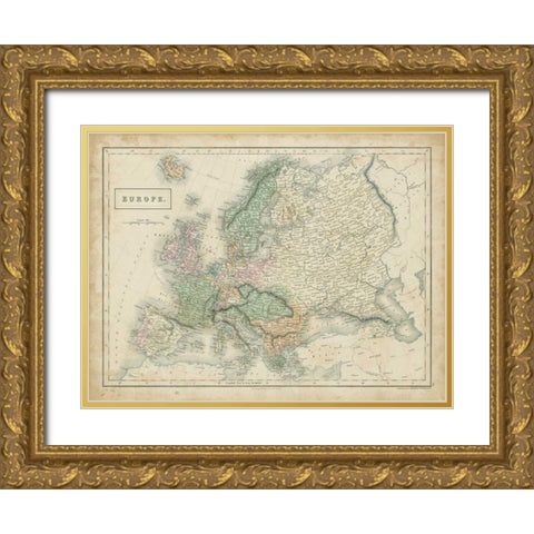 Map of Europe Gold Ornate Wood Framed Art Print with Double Matting by Hall, Sidney
