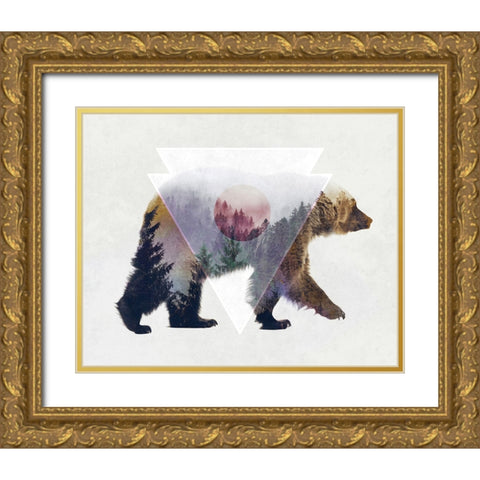 Bear Double Exposure Wildlife Art Gold Ornate Wood Framed Art Print with Double Matting by Circle Art Group