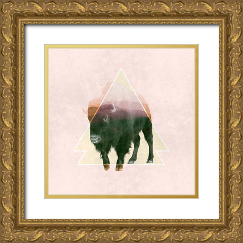 Bison Double Exposure Wildlife Art Gold Ornate Wood Framed Art Print with Double Matting by Circle Art Group