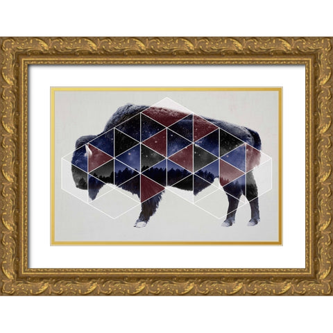 Bison Double Exposure Wildlife Art II Gold Ornate Wood Framed Art Print with Double Matting by Circle Art Group