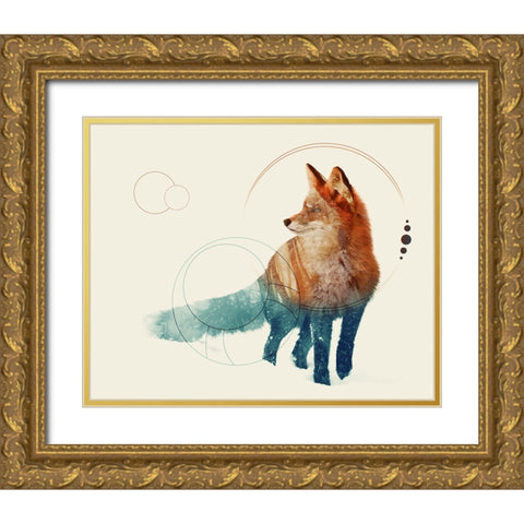 Fox Double Exposure Wildlife Art II Gold Ornate Wood Framed Art Print with Double Matting by Circle Art Group