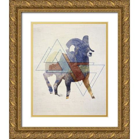 Ram Double Exposure Wildlife Art Gold Ornate Wood Framed Art Print with Double Matting by Circle Art Group