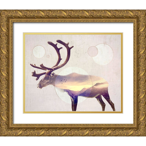 Double Exposure Wildlife Art - Reindeer Gold Ornate Wood Framed Art Print with Double Matting by Circle Art Group