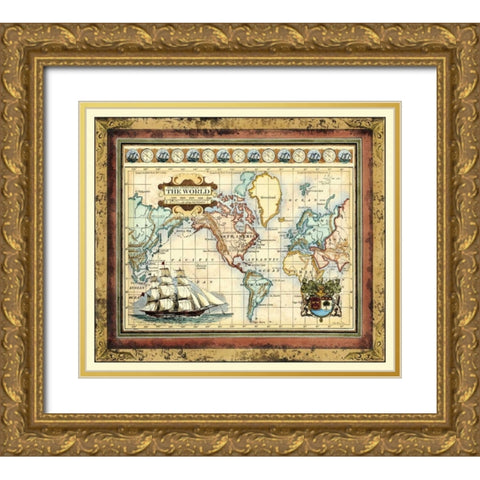 Map of the World Gold Ornate Wood Framed Art Print with Double Matting by Vision Studio