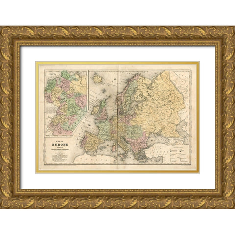 Non-Embellished Map of Europe Gold Ornate Wood Framed Art Print with Double Matting by Mitchell