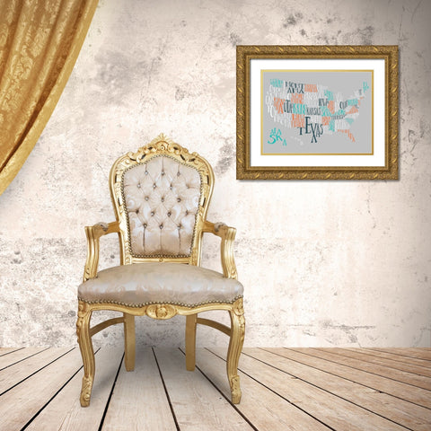 Orange Taffy US Typography Map Gold Ornate Wood Framed Art Print with Double Matting by Inner Circle