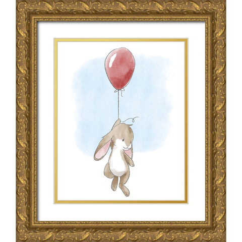 Little Bunny and Balloon Gold Ornate Wood Framed Art Print with Double Matting by Circle Kids