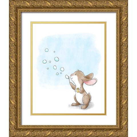 Little Bunny Blowing Bubbles Gold Ornate Wood Framed Art Print with Double Matting by Circle Kids