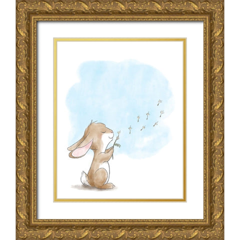 Little Bunny Blowing Dandelions Gold Ornate Wood Framed Art Print with Double Matting by Circle Kids