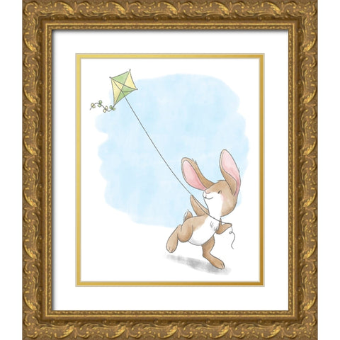 Little Bunny Flying a Kite Gold Ornate Wood Framed Art Print with Double Matting by Circle Kids