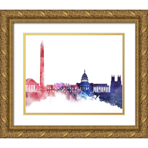 Washington DC Watercolor Cityscape - Red and Blue II Gold Ornate Wood Framed Art Print with Double Matting by Circle Art Group
