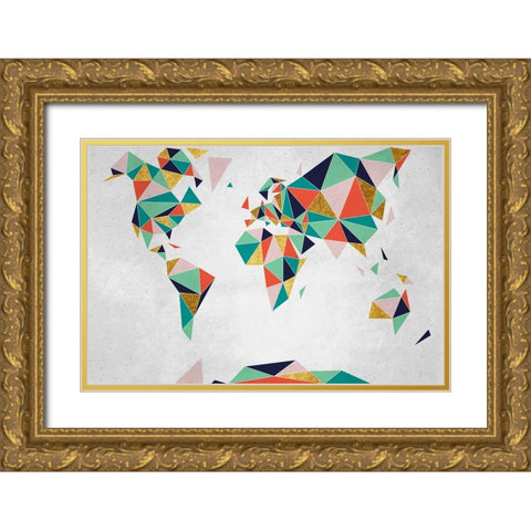 Geometric World Map Gold Ornate Wood Framed Art Print with Double Matting by Inner Circle