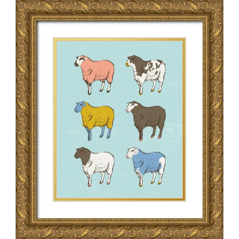 Mid Century Farm - Sheep - Neutral Gold Ornate Wood Framed Art Print with Double Matting by Circle Art Group