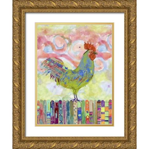 Rooster on a Fence I Gold Ornate Wood Framed Art Print with Double Matting by Blixt, Ingrid