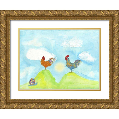 Hilltop Roosters Gold Ornate Wood Framed Art Print with Double Matting by Blixt, Ingrid