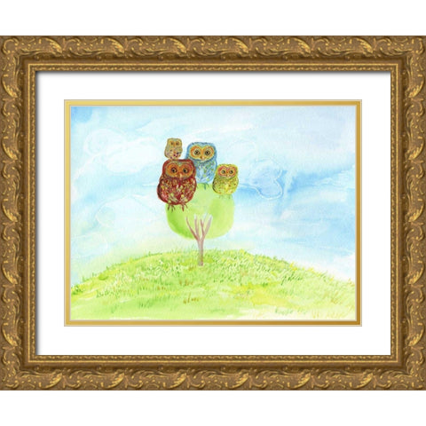 Owl Family Gold Ornate Wood Framed Art Print with Double Matting by Blixt, Ingrid