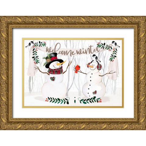 Folk Snowman Forest Collection A Gold Ornate Wood Framed Art Print with Double Matting by Parker, Jennifer Paxton