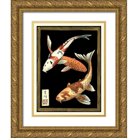 Koi Fish on Black I Gold Ornate Wood Framed Art Print with Double Matting by Zarris, Chariklia