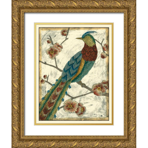 Embroidered Pheasant I Gold Ornate Wood Framed Art Print with Double Matting by Zarris, Chariklia