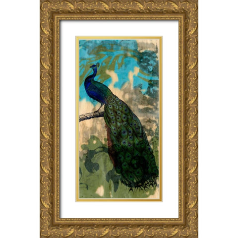 Rustic Peacock II Gold Ornate Wood Framed Art Print with Double Matting by Goldberger, Jennifer