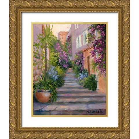 Stairway Of Flowers Gold Ornate Wood Framed Art Print with Double Matting by Weber, Mary Jean