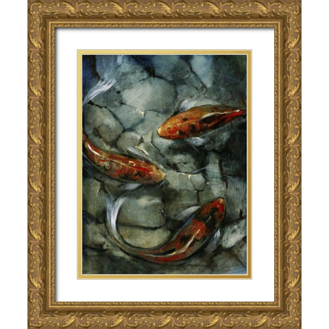 Tres Koi II Gold Ornate Wood Framed Art Print with Double Matting by OToole, Tim