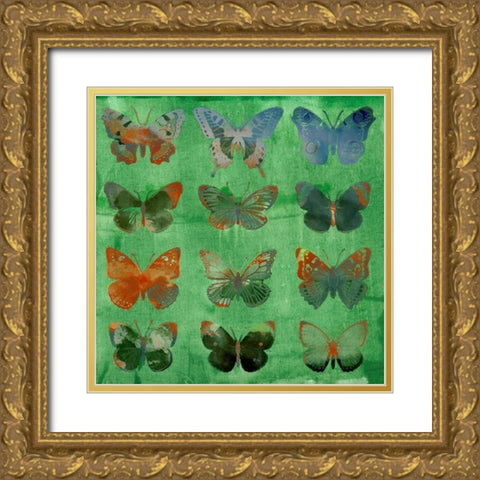 Butterflies on Green Gold Ornate Wood Framed Art Print with Double Matting by Jasper, Sisa