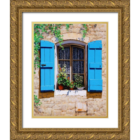 Blue Shutters Gold Ornate Wood Framed Art Print with Double Matting by Swanson, Michael