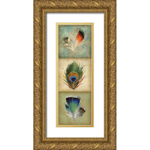 2-Up Feather Triptych I Gold Ornate Wood Framed Art Print with Double Matting by Goldberger, Jennifer