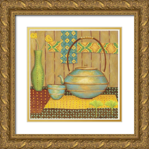 Ginkgo Tea Pot Gold Ornate Wood Framed Art Print with Double Matting by Zarris, Chariklia