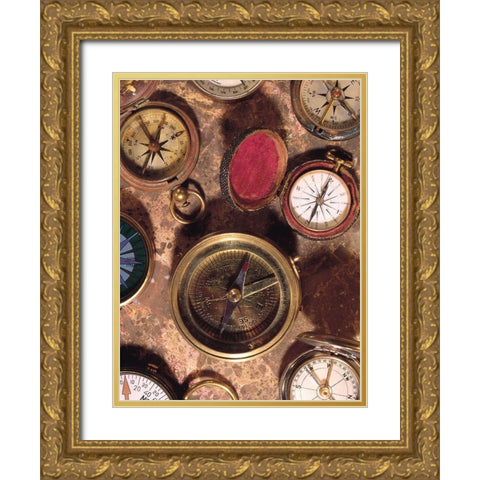Antique Compass Collage Gold Ornate Wood Framed Art Print with Double Matting by Vision Studio