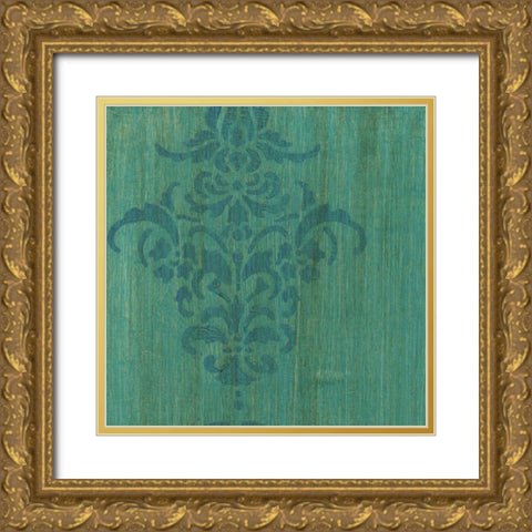 Verdigris Damask I Gold Ornate Wood Framed Art Print with Double Matting by Holland, J.