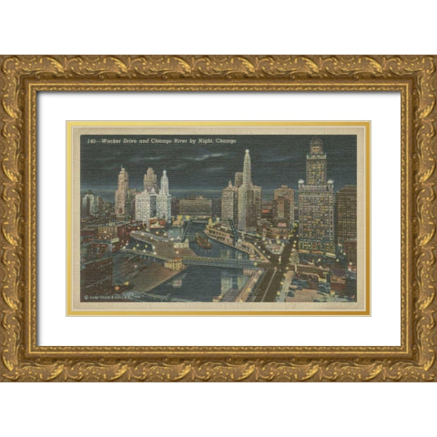 Chicago- Chicago River by Night Gold Ornate Wood Framed Art Print with Double Matting by Unknown