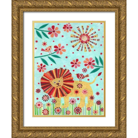 Lion and Birds Gold Ornate Wood Framed Art Print with Double Matting by Conway, Kim