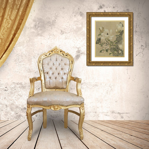 Magnolia and Butterfly Gold Ornate Wood Framed Art Print with Double Matting by Unknown