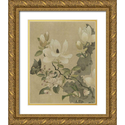 Magnolia and Butterfly Gold Ornate Wood Framed Art Print with Double Matting by Unknown