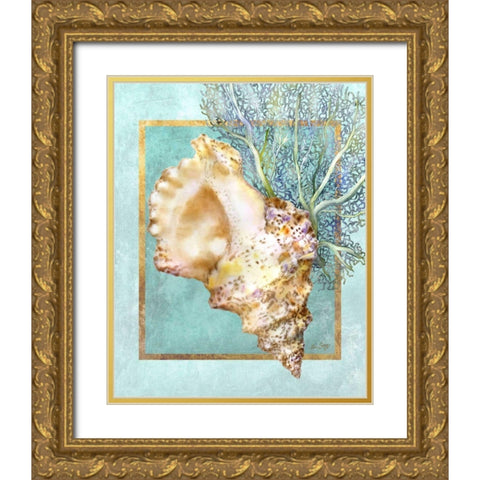 Conch Shell and Coral Gold Ornate Wood Framed Art Print with Double Matting by Schory, Lori