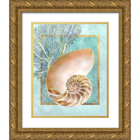 Nautilus Shell and Coral Gold Ornate Wood Framed Art Print with Double Matting by Schory, Lori