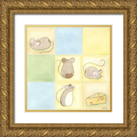 Tic-tac Mice in Blue Gold Ornate Wood Framed Art Print with Double Matting by Vess, June Erica