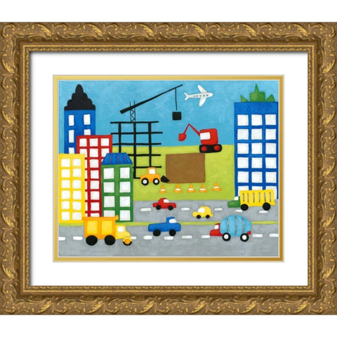 Storybook Construction Site Gold Ornate Wood Framed Art Print with Double Matting by Zarris, Chariklia