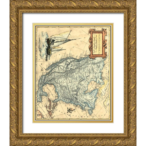 North America Map Gold Ornate Wood Framed Art Print with Double Matting by Vision Studio