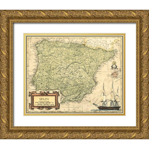 Spain Map Gold Ornate Wood Framed Art Print with Double Matting by Vision Studio