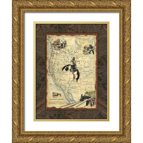 Western States Map Gold Ornate Wood Framed Art Print with Double Matting by Vision Studio