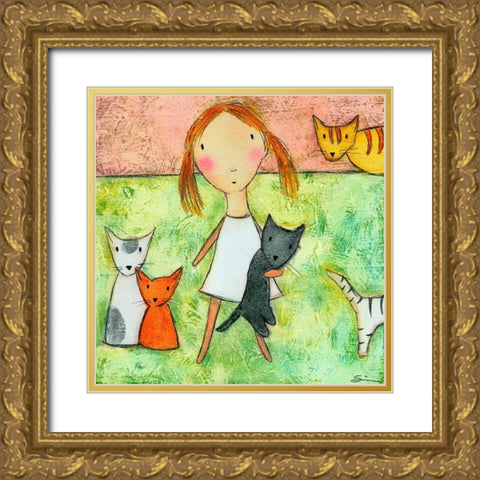 Girl with Cats Gold Ornate Wood Framed Art Print with Double Matting by Sonheim, Carla