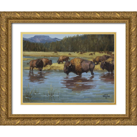 Buffalo Crossing Gold Ornate Wood Framed Art Print with Double Matting by Sorenson, Jack