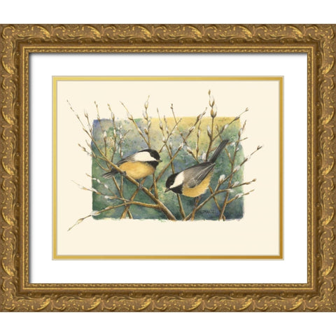 Chickadees and Pussy Willow Gold Ornate Wood Framed Art Print with Double Matting by Mandel, Janet