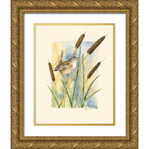 Marsh Wren and Cattails Gold Ornate Wood Framed Art Print with Double Matting by Mandel, Janet