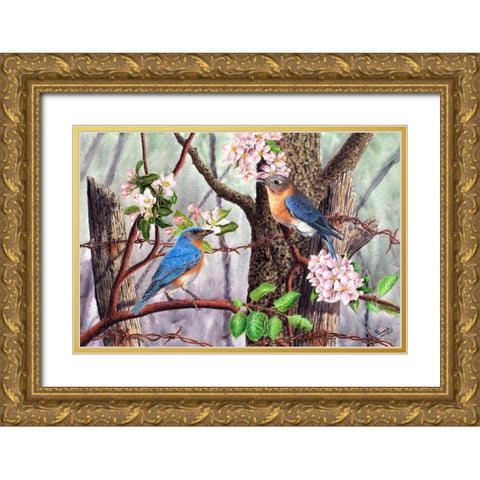 Bluebirds Gold Ornate Wood Framed Art Print with Double Matting by Dornish, Al